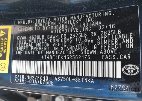 2016 Toyota Camry Le z USA, uszkodzony, nr VIN 4T4BF1FK1GR562175